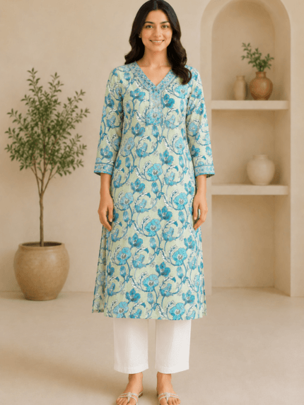 Ladies Sea Blue Floral Print Cotton Kurti
