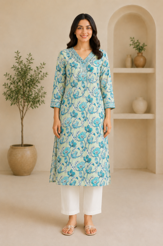 Ladies Sea Blue Floral Print Cotton Kurti