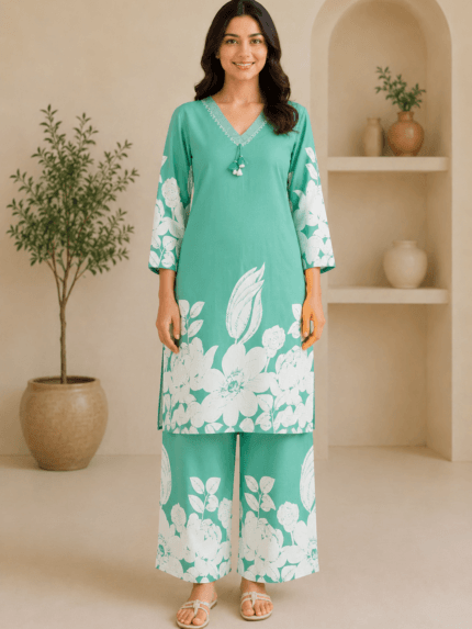 Ladies Sea Green Floral Print Cotton Co-ord Set