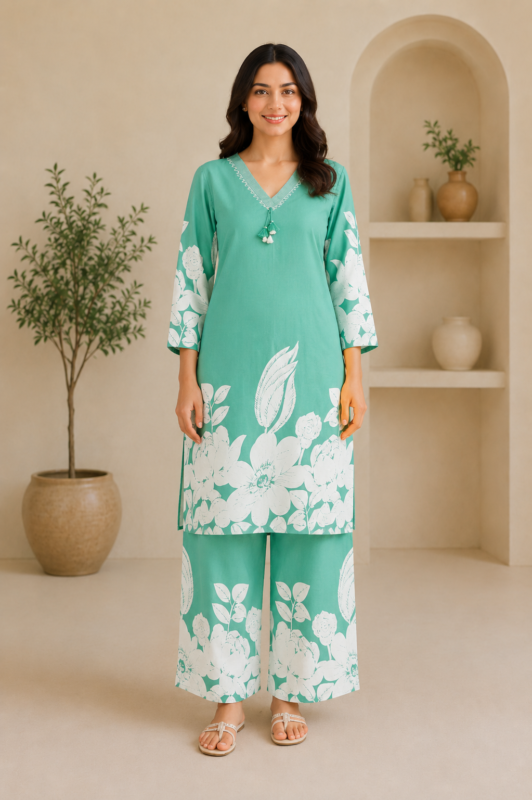 Ladies Sea Green Floral Print Cotton Co-ord Set