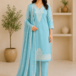 Ladies Sky Blue Embroidered Cotton Suit Set
