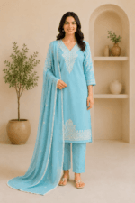 Ladies Sky Blue Embroidered Cotton Suit Set