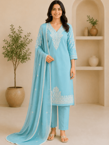 Ladies Sky Blue Embroidered Cotton Suit Set