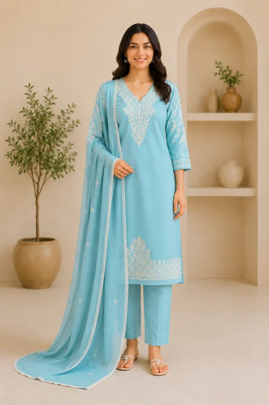 Ladies Sky Blue Embroidered Cotton Suit Set
