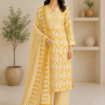 Ladies Yellow Ikat Print Cotton Suit Set