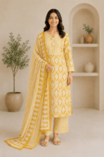 Ladies Yellow Ikat Print Cotton Suit Set
