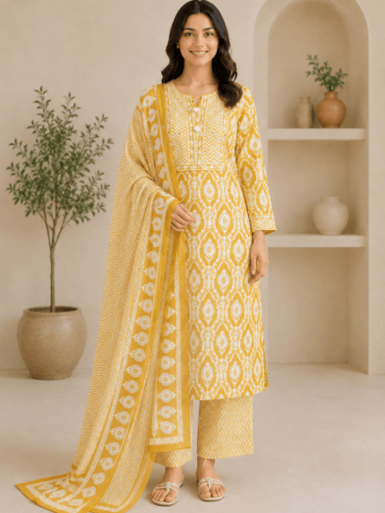 Ladies Yellow Ikat Print Cotton Suit Set