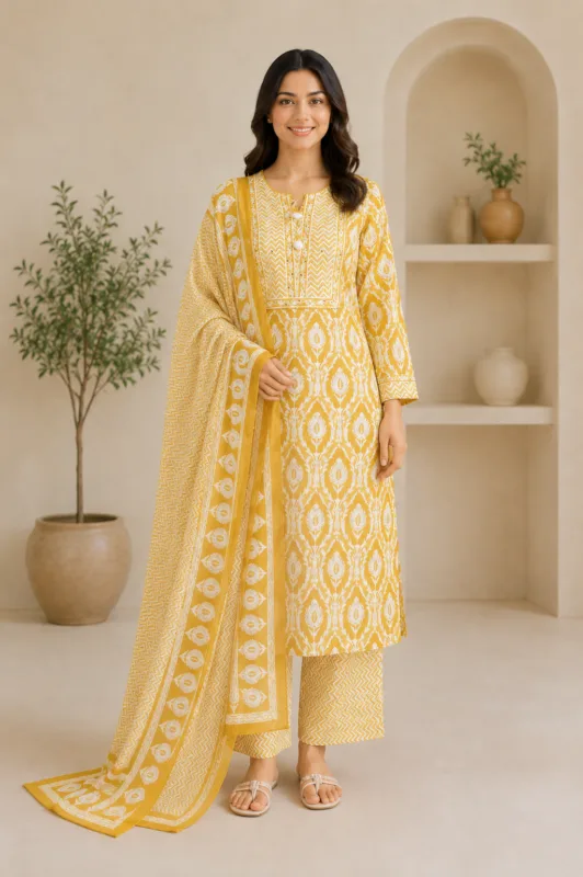 Ladies Yellow Ikat Print Cotton Suit Set