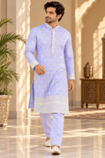Men's Lavender Parcha Silk Kurta Pyjama Set - Image 4