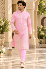 Men's Pink Parcha Silk Kurta Pyjama Set - Image 5
