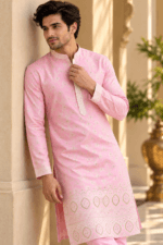 Men's Pink Parcha Silk Kurta Pyjama Set - Image 3