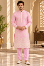 Men's Pink Parcha Silk Kurta Pyjama Set