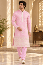 Men's Pink Parcha Silk Kurta Pyjama Set - Image 4