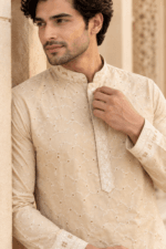 Men's Cream Parcha Silk Kurta Pyjama Set - Image 5