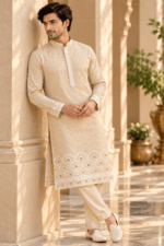 Men's Cream Parcha Silk Kurta Pyjama Set - Image 3