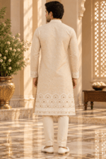 Men's Cream Parcha Silk Kurta Pyjama Set - Image 2