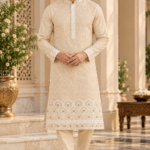 Men's Cream Parcha Silk Kurta Pyjama Set