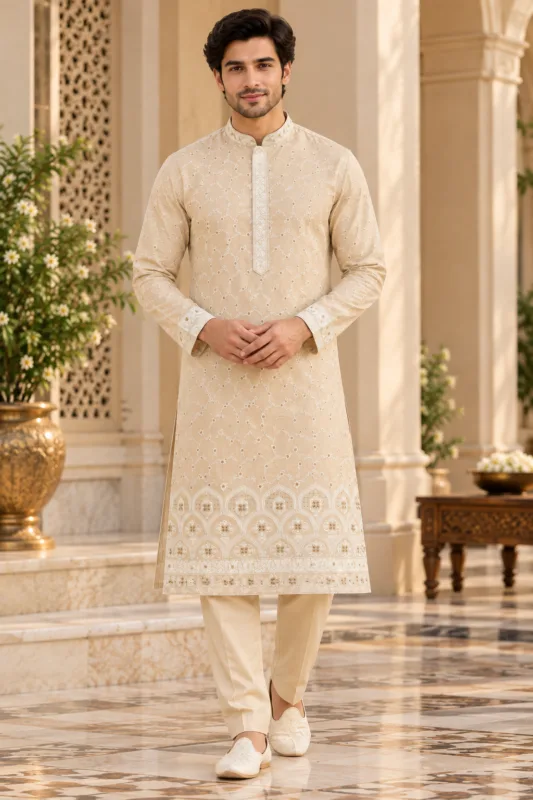 Men’s Cream Parcha Silk Kurta Pyjama Set