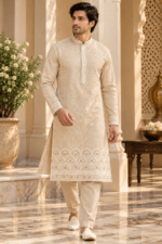 Men's Cream Parcha Silk Kurta Pyjama Set - Image 4