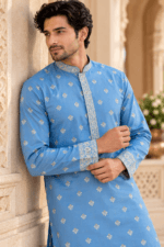 Men's Blue Parcha Silk Kurta Pyjama Set - Image 3