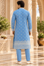 Men's Blue Parcha Silk Kurta Pyjama Set - Image 2