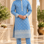 Men's Blue Parcha Silk Kurta Pyjama Set