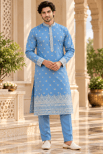 Men's Blue Parcha Silk Kurta Pyjama Set
