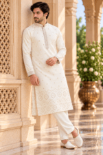 Men's White Parcha Silk Kurta Pyjama Set - Image 3