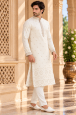 Men's White Parcha Silk Kurta Pyjama Set - Image 5