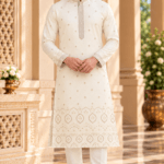 Men's White Parcha Silk Kurta Pyjama Set