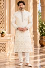 Men's White Parcha Silk Kurta Pyjama Set