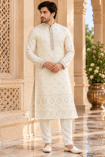 Men's White Parcha Silk Kurta Pyjama Set - Image 4