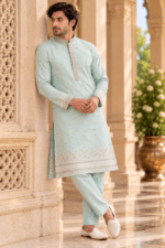 Men's Green Parcha Silk Kurta Pyjama Set - Image 3