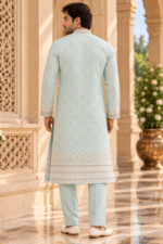 Men's Green Parcha Silk Kurta Pyjama Set - Image 2