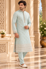 Men's Green Parcha Silk Kurta Pyjama Set - Image 4