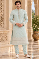 Men's Green Parcha Silk Kurta Pyjama Set