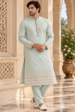 Men's Green Parcha Silk Kurta Pyjama Set - Image 5