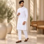 Men's White Mulmul Cotton Kurta Pyjama Set - Image 4