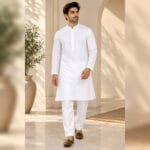 Men's White Mulmul Cotton Kurta Pyjama Set - Image 3